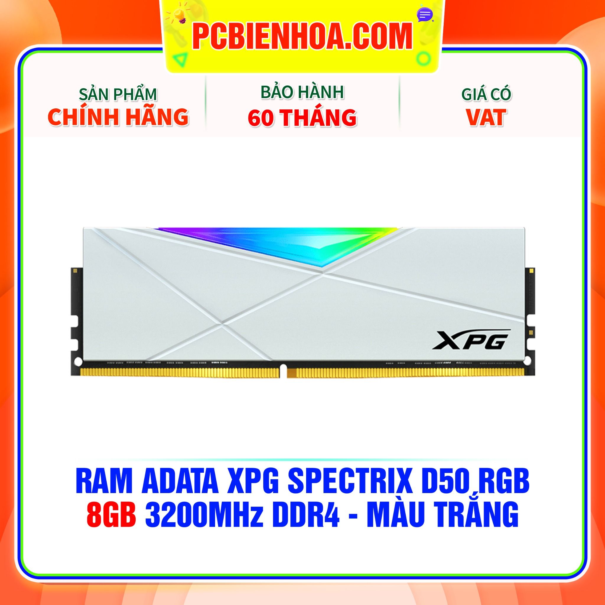  RAM ADATA XPG SPECTRIX D50 RGB - 8GB 3200MHz DDR4 - MÀU TRẮNG 