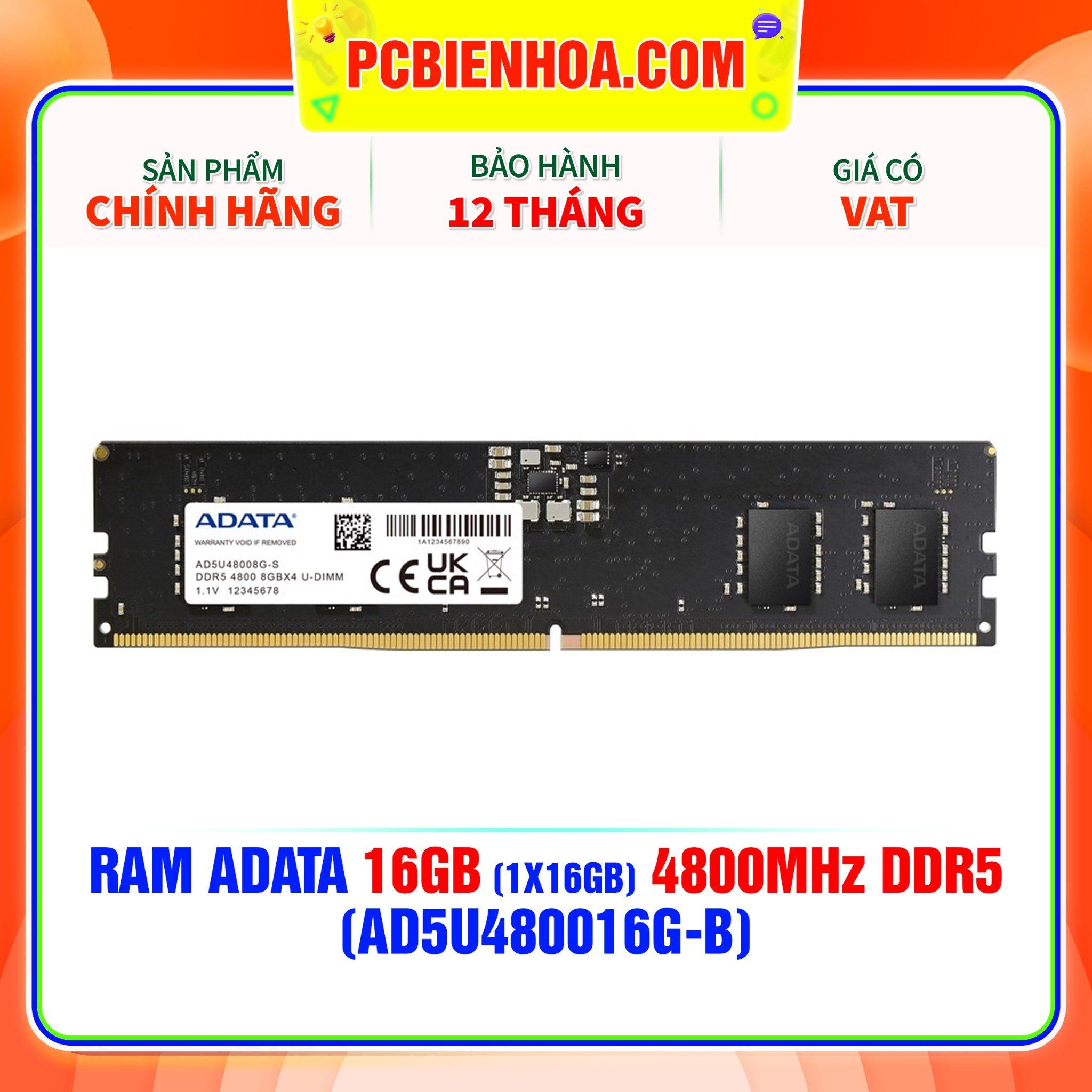  RAM ADATA 16GB (1x16GB) 4800MHz DDR5 ( AD5U480016G-B ) 