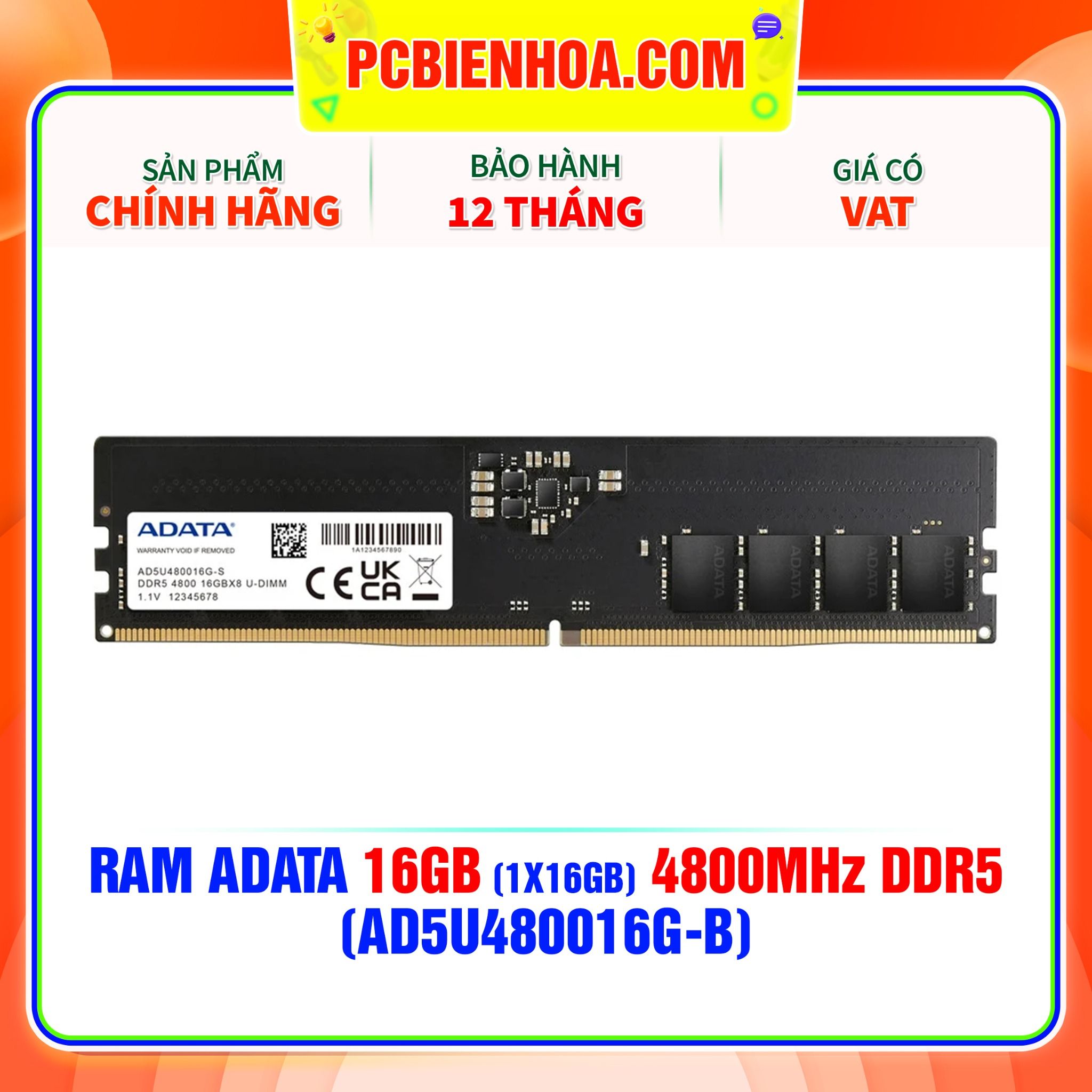  RAM ADATA 16GB (1x16GB) 4800MHz DDR5 ( AD5U480016G-B ) 