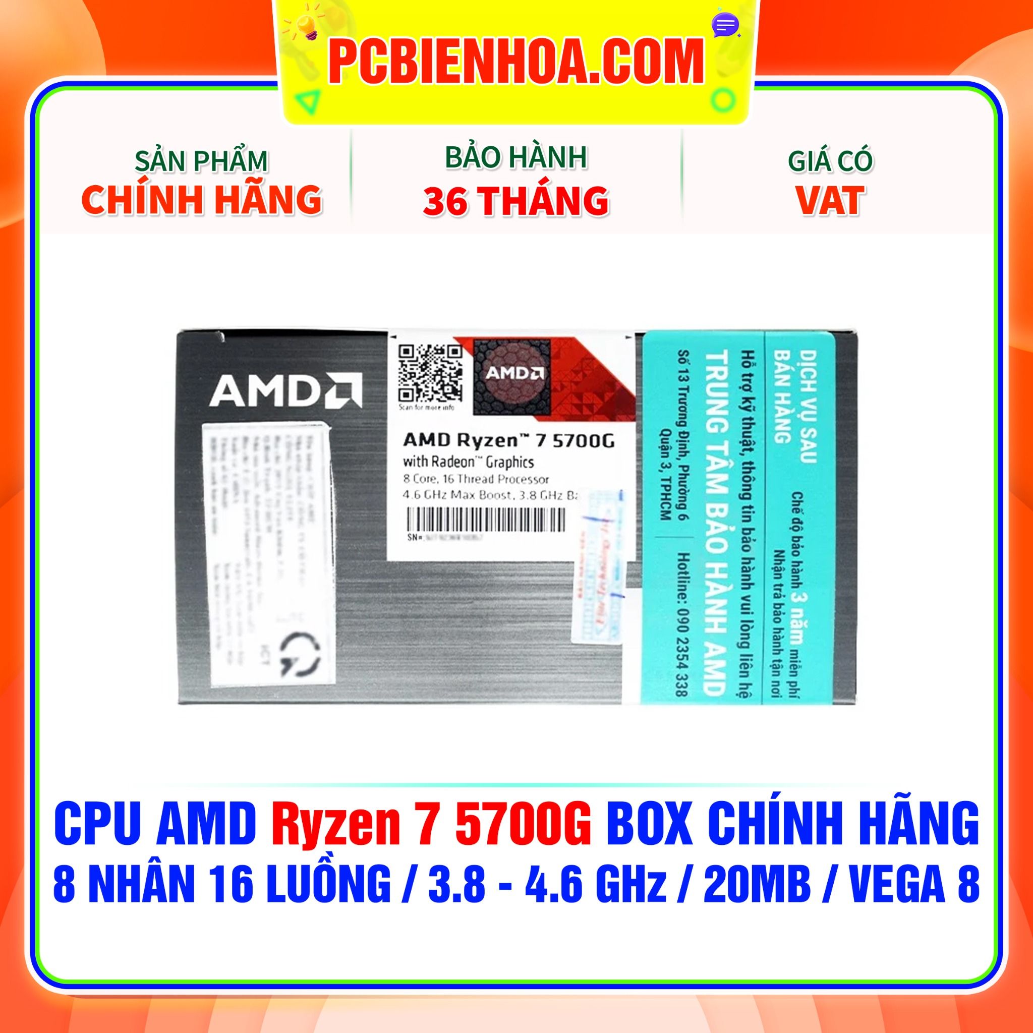  CPU AMD Ryzen 7 5700G BOX CHÍNH HÃNG ( 8 NHÂN 16 LUỒNG / 3.8 - 4.6 GHz / 20MB / VEGA 8 ) 