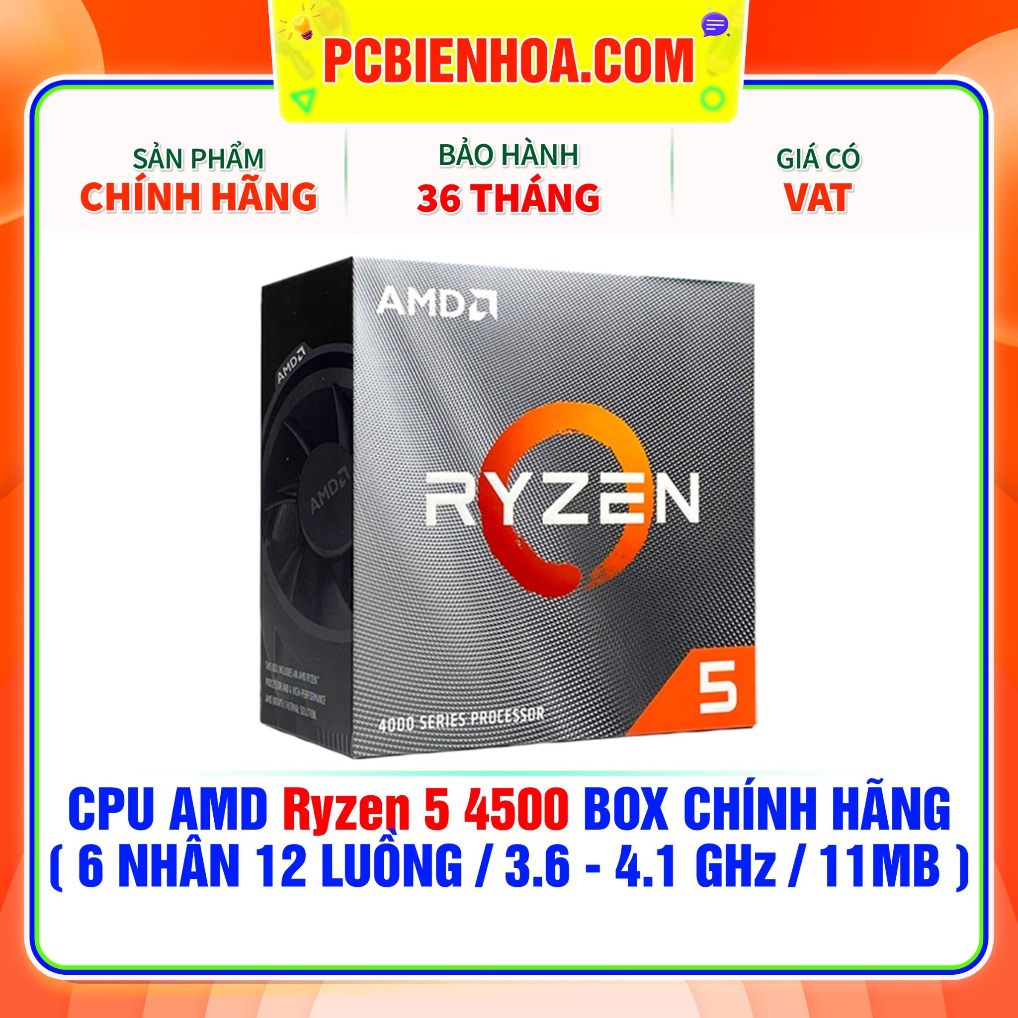  CPU AMD Ryzen 5 4500 BOX CHÍNH HÃNG ( 6 NHÂN 12 LUỒNG / 3.6 - 4.1 GHz / 11MB ) 