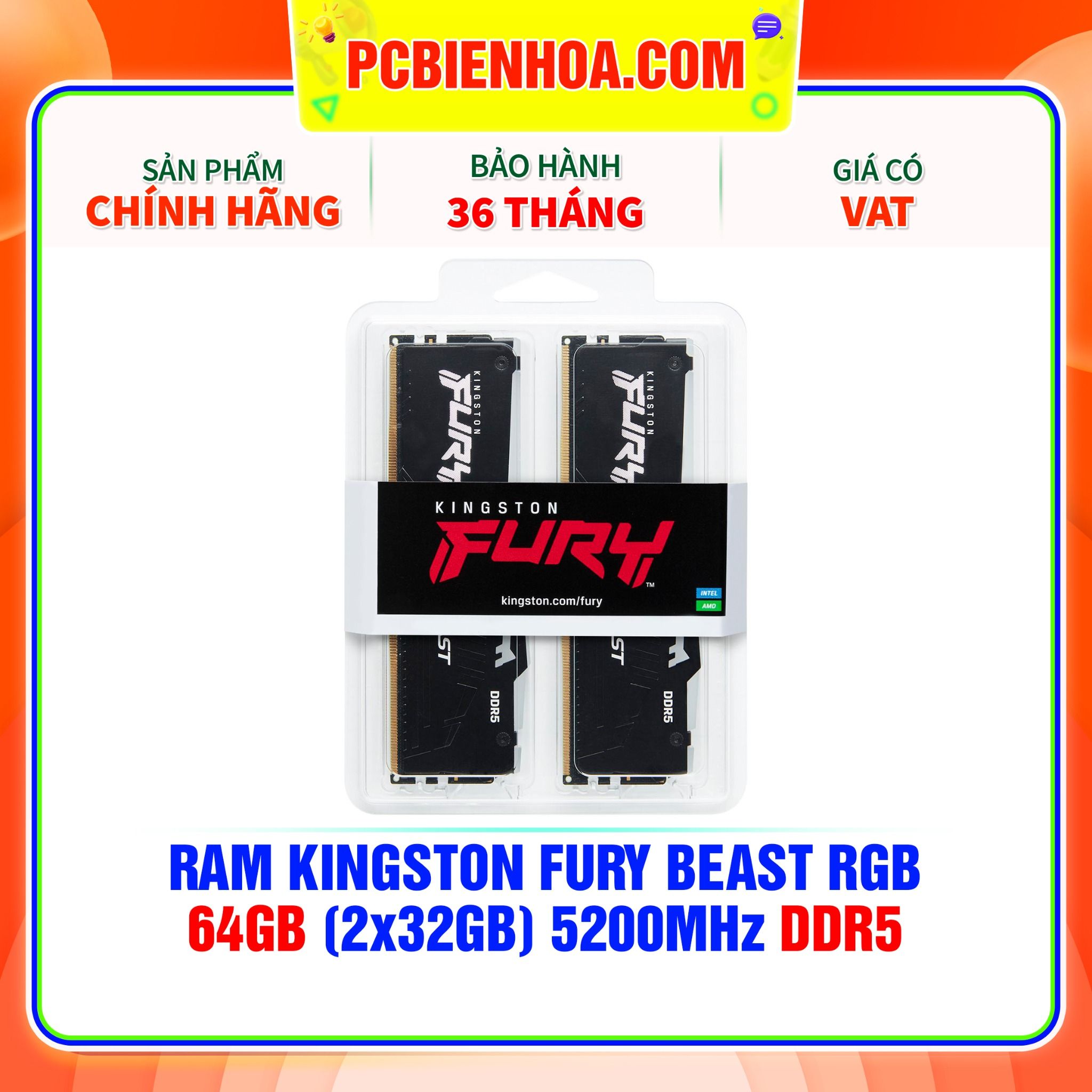  RAM KINGSTON FURY BEAST RGB 64GB (2x32GB) 5200MHz DDR5 ( KF552C40BBAK2-64 ) 