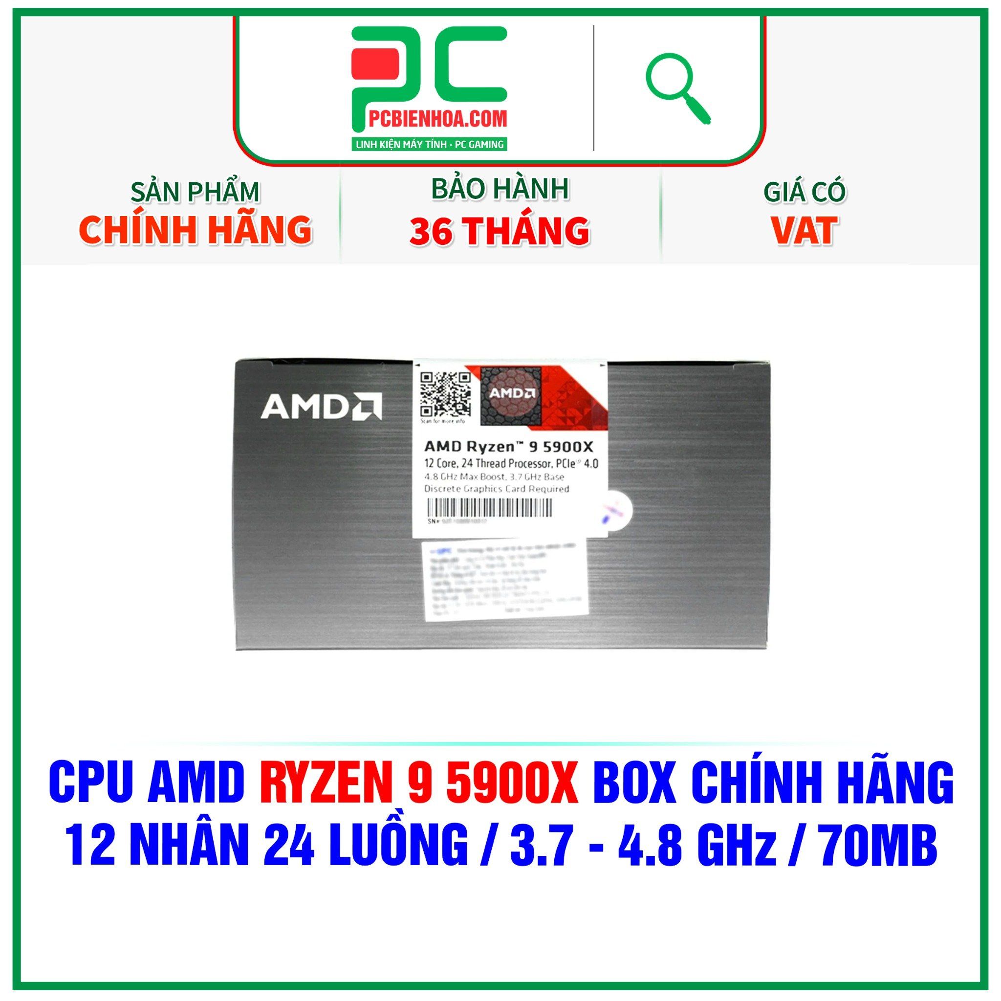  CPU AMD Ryzen 9 5900X BOX CHÍNH HÃNG ( 12 NHÂN 24 LUỒNG / 3.7 - 4.8 GHz / 70MB ) 