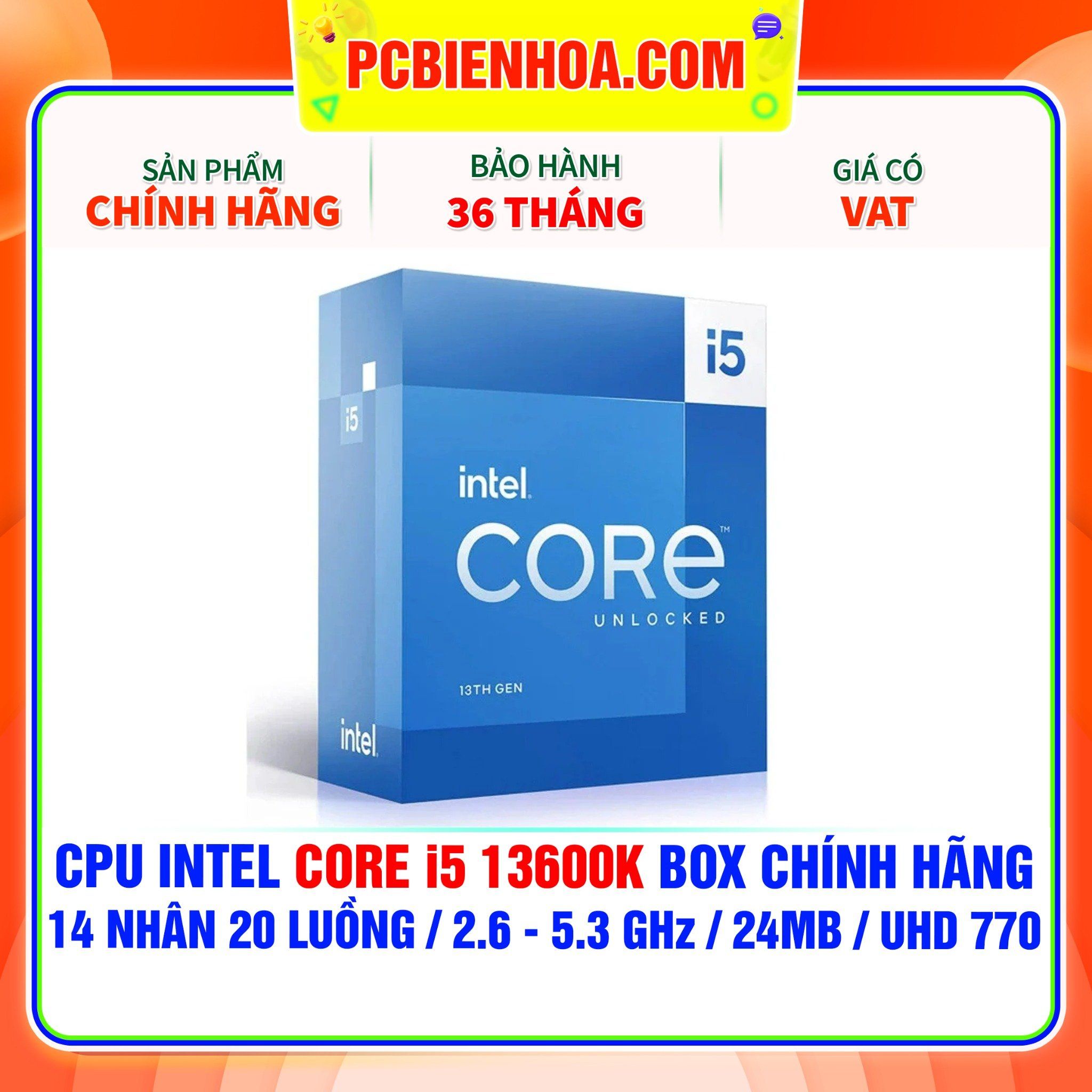  CPU INTEL CORE i5 13600K BOX CHÍNH HÃNG ( 14 NHÂN 20 LUỒNG / 2.6 - 5.3 GHz / 24MB / INTEL® UHD GRAPHICS 770 ) 