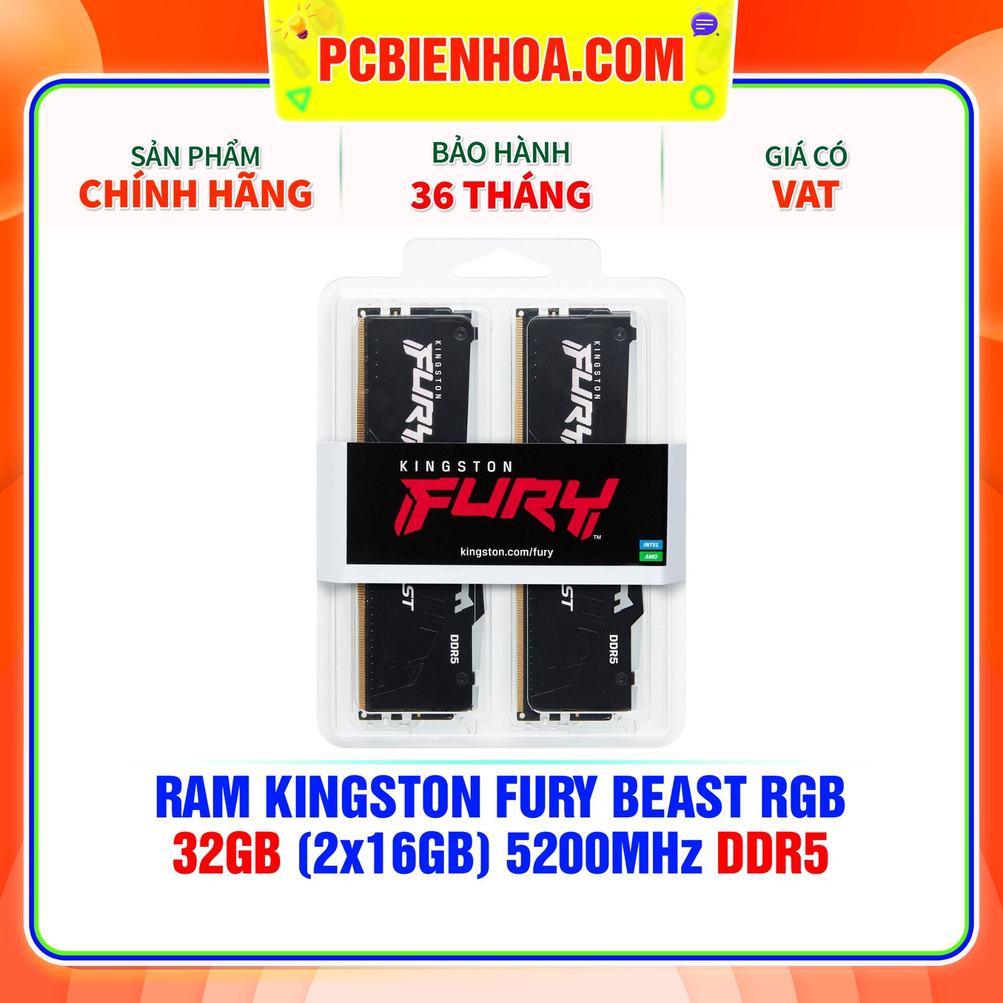  RAM KINGSTON FURY BEAST RGB 32GB (2x16GB) 5200MHz DDR5 ( KF552C40BBAK2-32 ) 