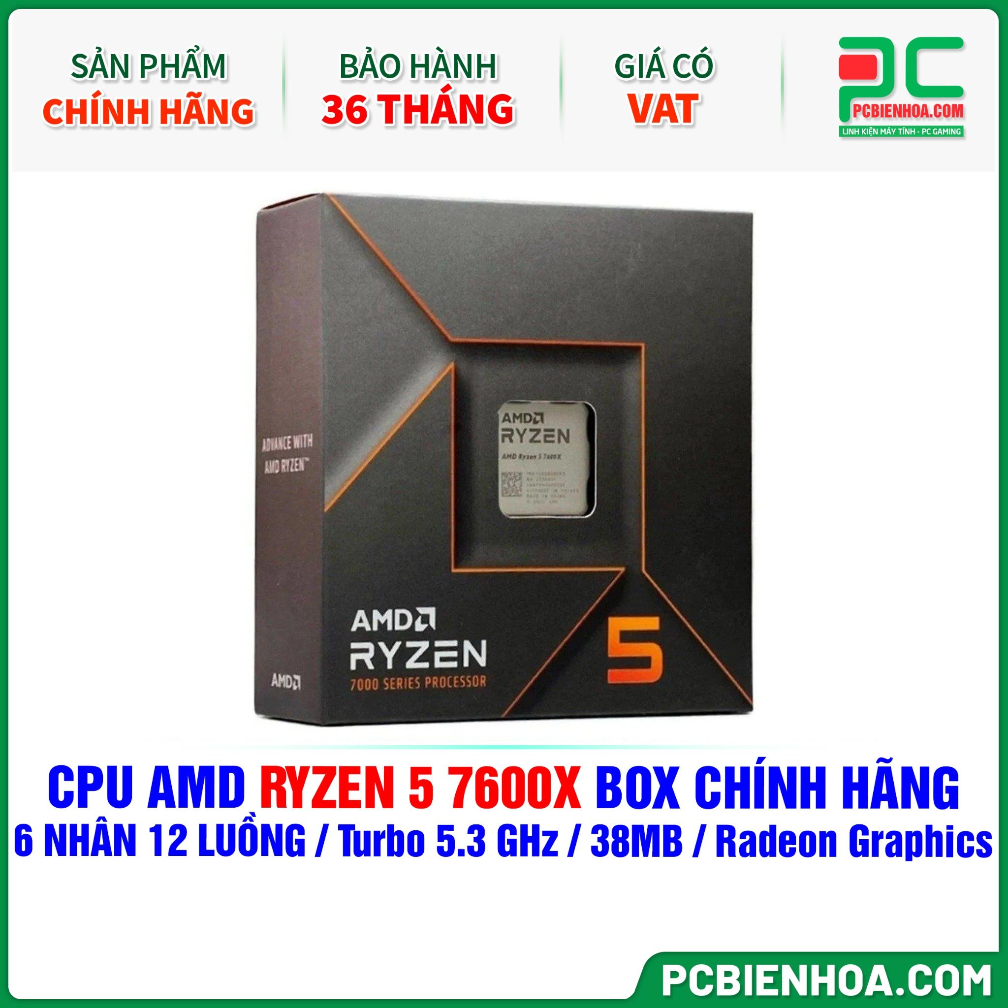  CPU AMD Ryzen 5 7600X BOX CHÍNH HÃNG ( 6 NHÂN 12 LUỒNG / Turbo 5.3 GHz / 38MB / Radeon Graphics ) 