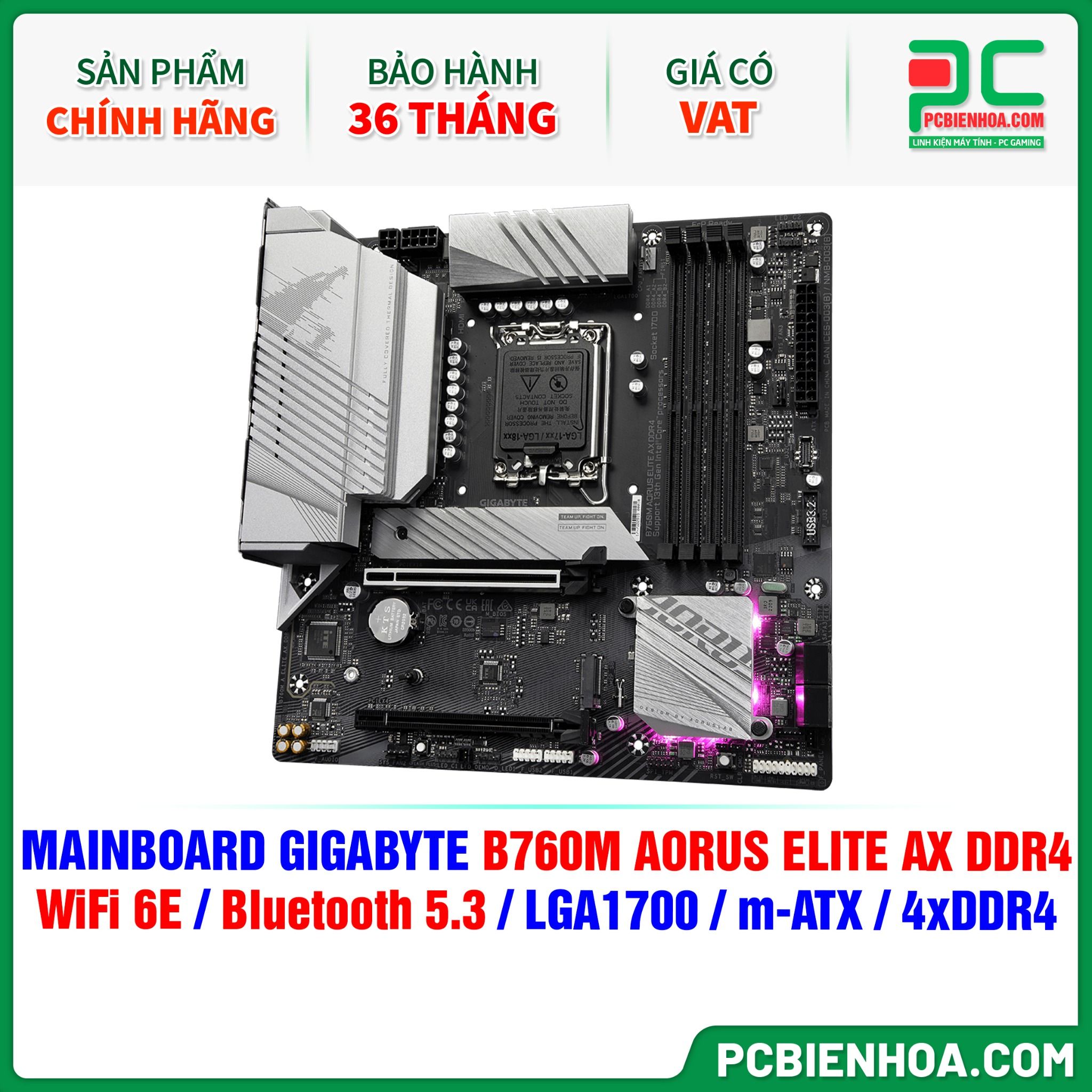  MAINBOARD GIGABYTE B760M AORUS ELITE AX DDR4 ( WiFi 6E / Bluetooth 5.3 / LGA1700 / m-ATX / 4xDDR4 ) 
