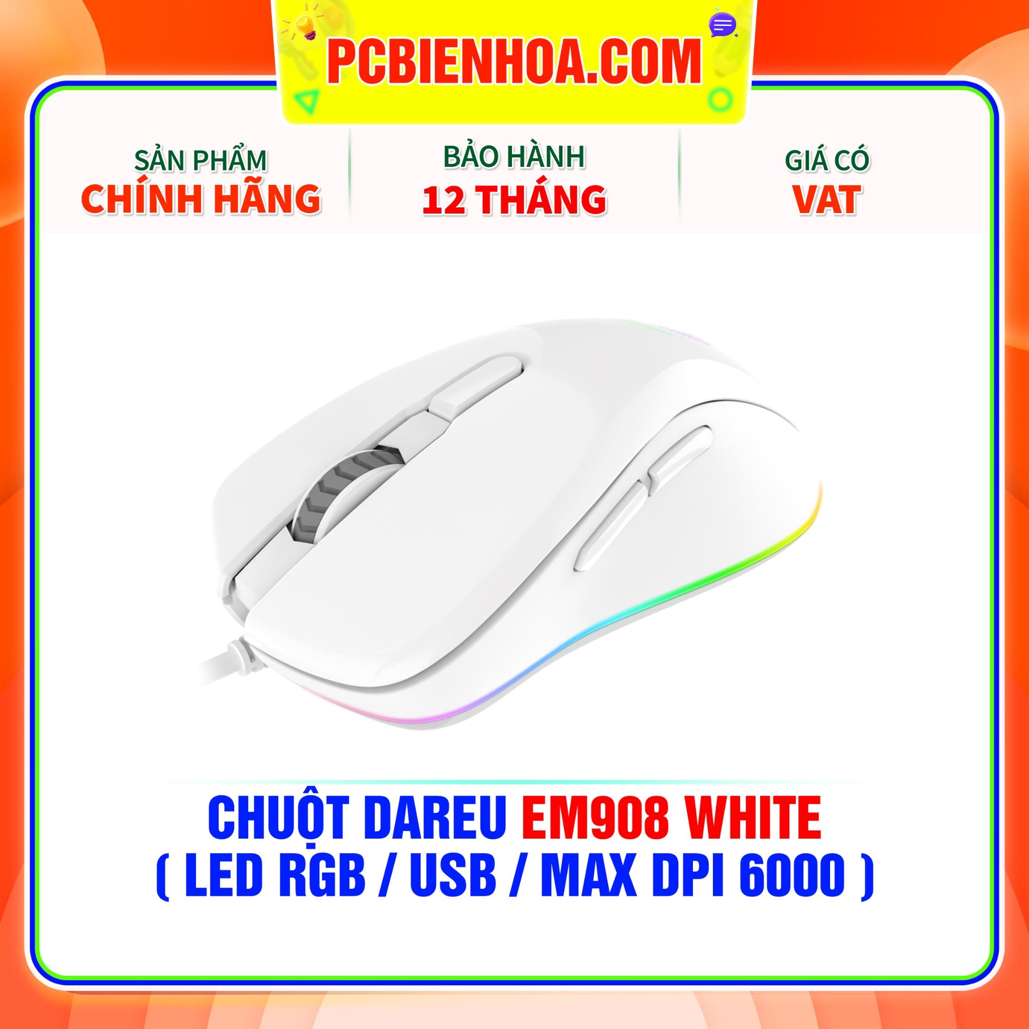 CHUỘT DAREU EM908 WHITE ( LED RGB / USB / MAX DPI 6000 ) – PCBIENHOA