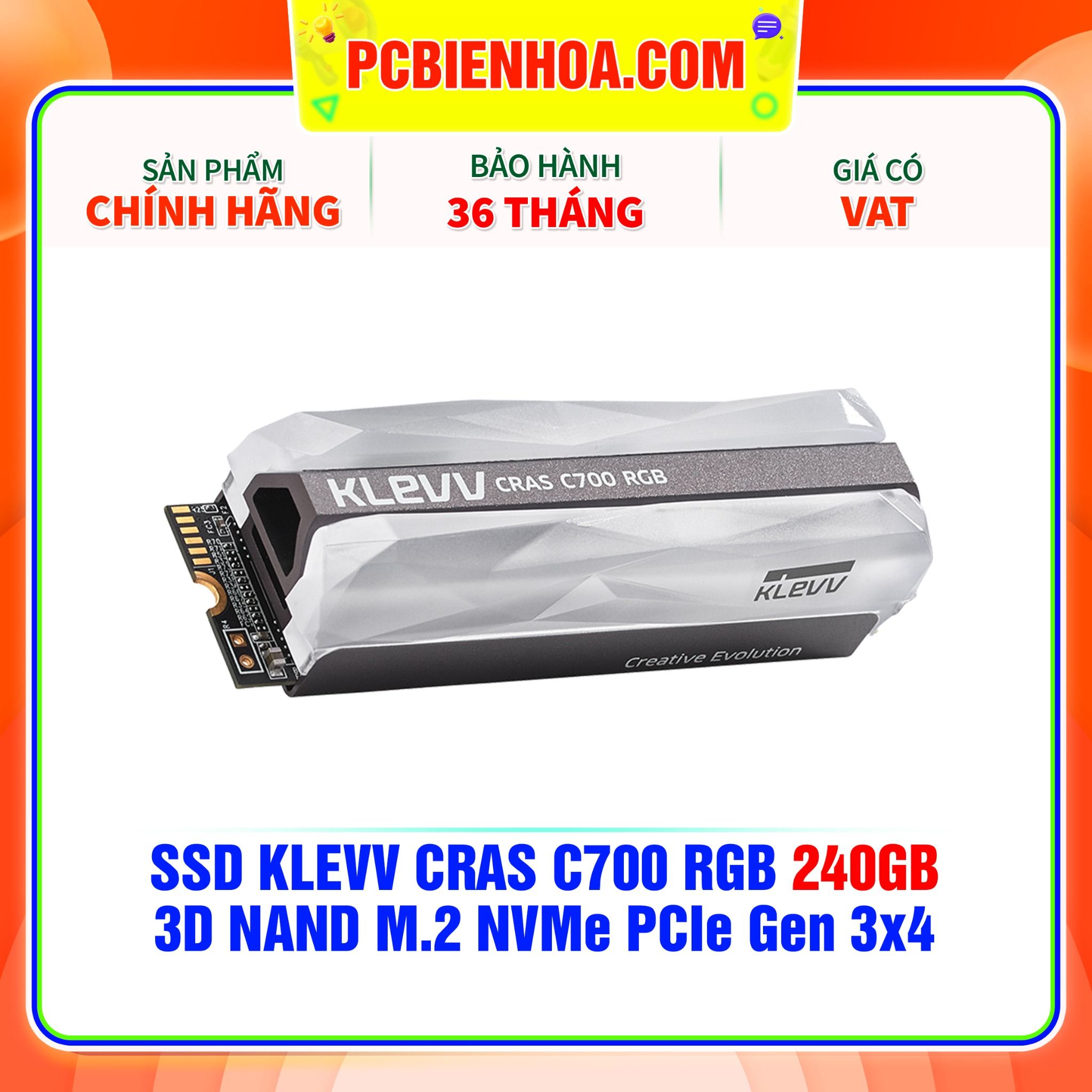  SSD KLEVV CRAS C700 RGB 240GB - 3D NAND M.2 NVMe PCIe Gen 3x4 ( K240GM2SP0-C7R ) 