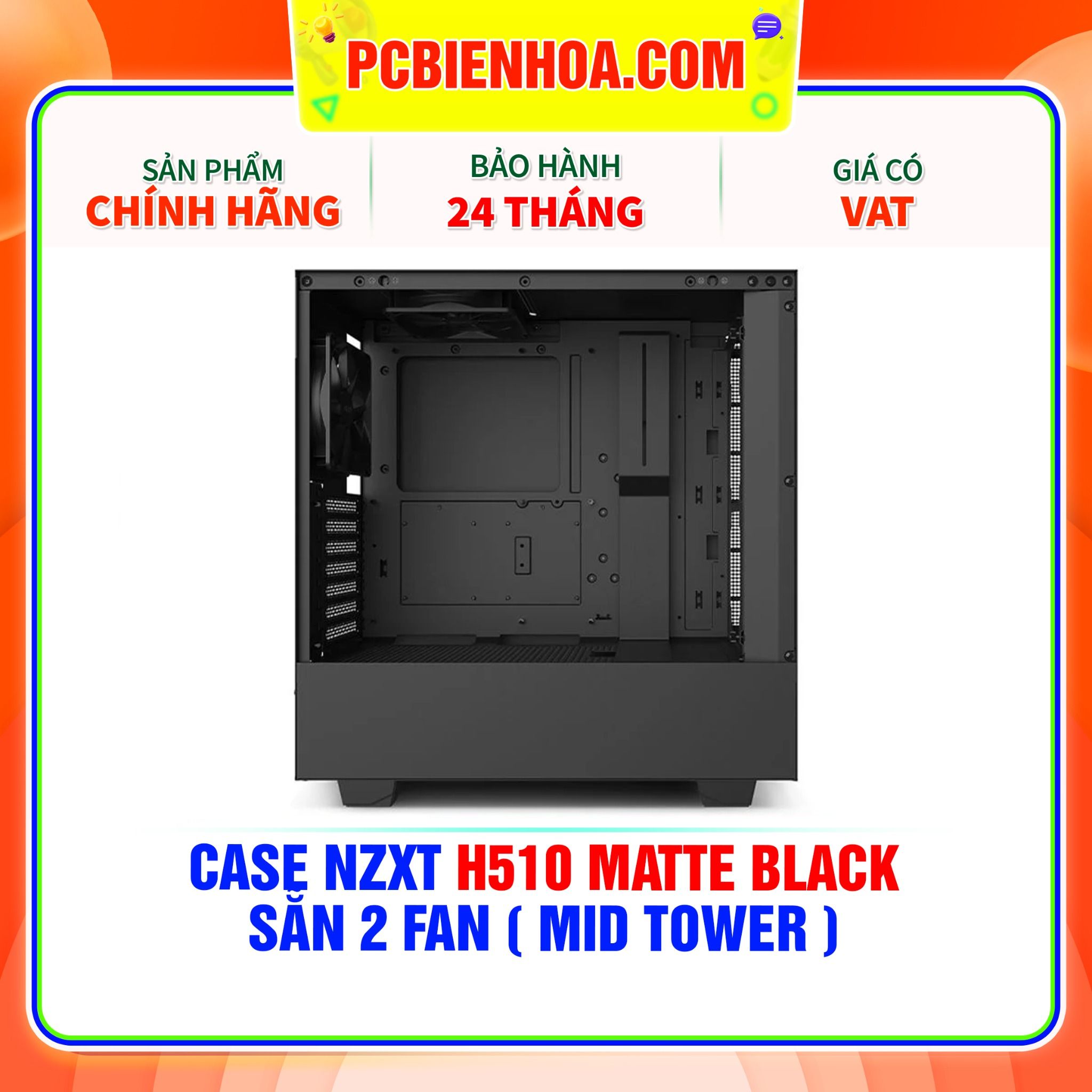  CASE NZXT H510 MATTE BLACK - SẴN 2 FAN ( MID TOWER ) 