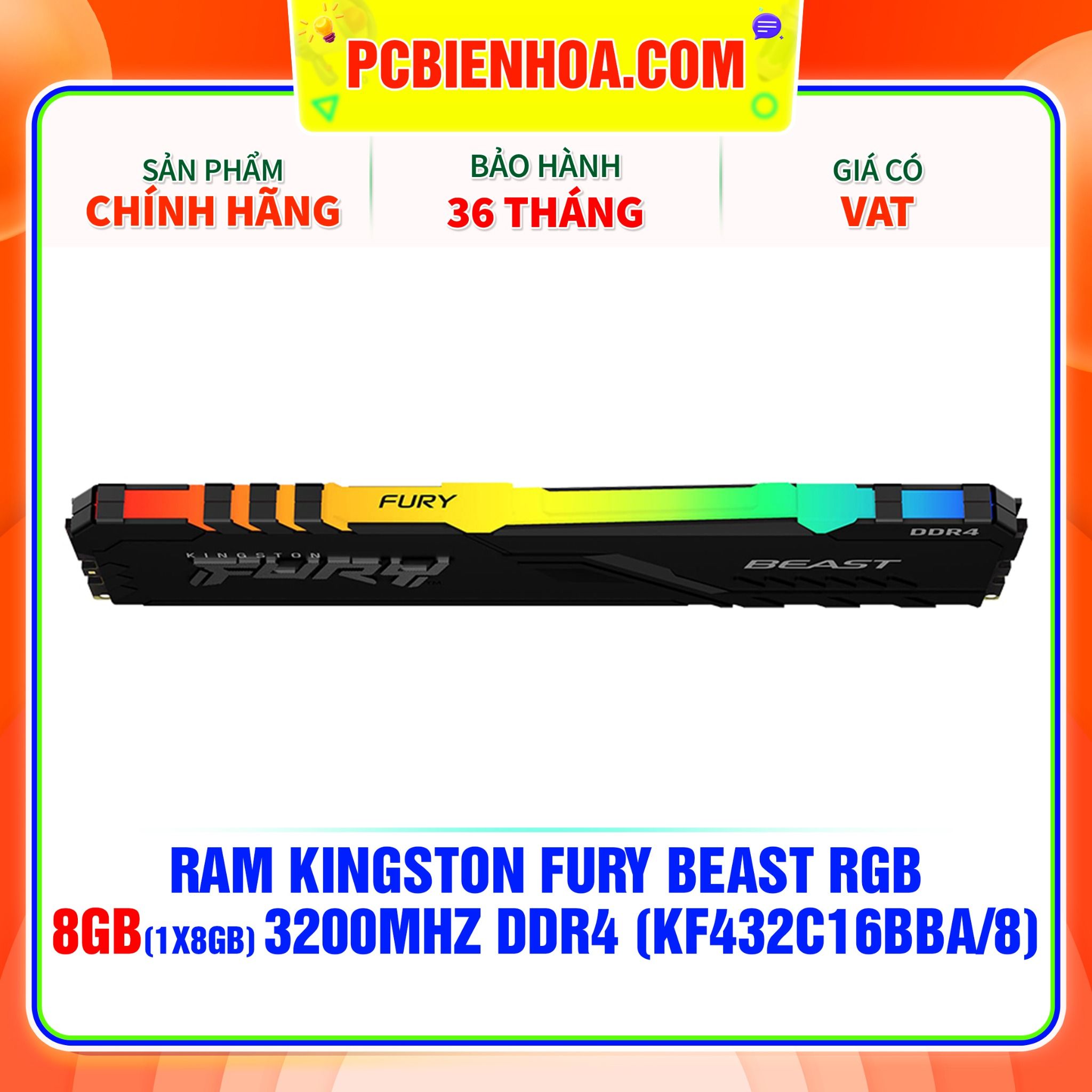  RAM KINGSTON FURY BEAST RGB 8GB (1x8GB) 3200MHz DDR4 ( KF432C16BBA/8 ) 