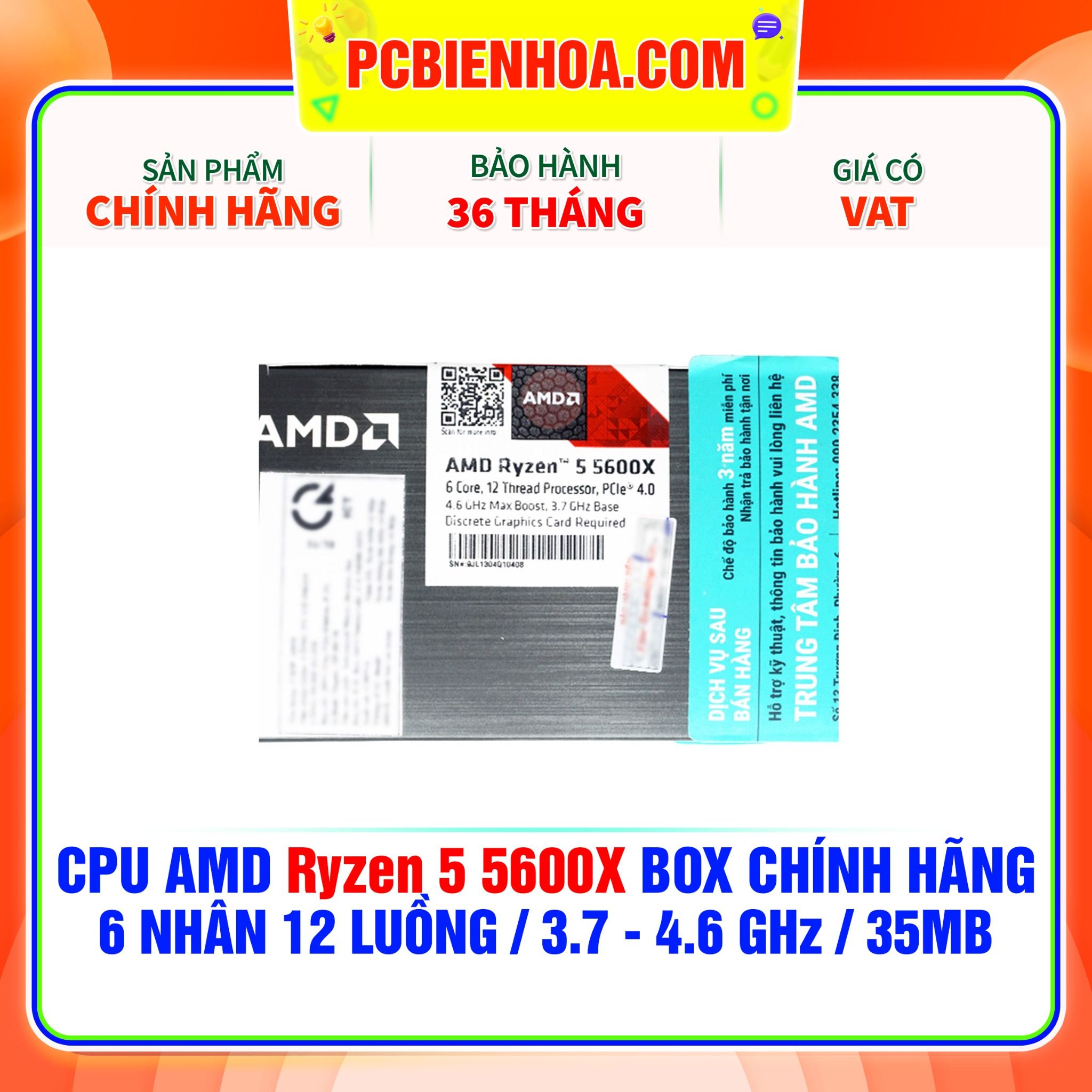  CPU AMD Ryzen 5 5600X BOX CHÍNH HÃNG ( 6 NHÂN 12 LUỒNG / 3.7 - 4.6 GHz / 35MB ) 