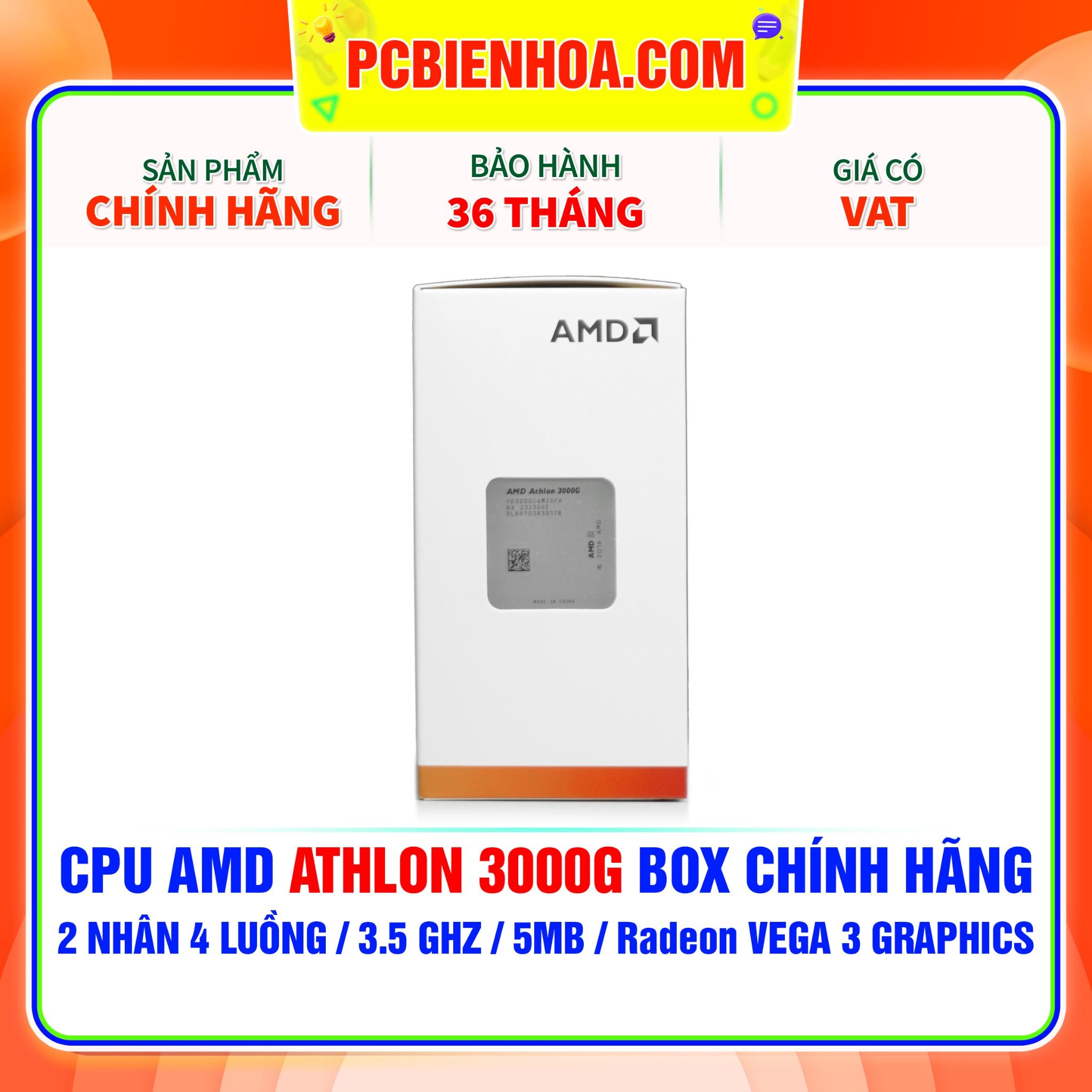  CPU AMD ATHLON 3000G BOX CHÍNH HÃNG ( 2 NHÂN 4 LUỒNG / 3.5 GHz / 5MB / RADEON VEGA 3 GRAPHICS ) 