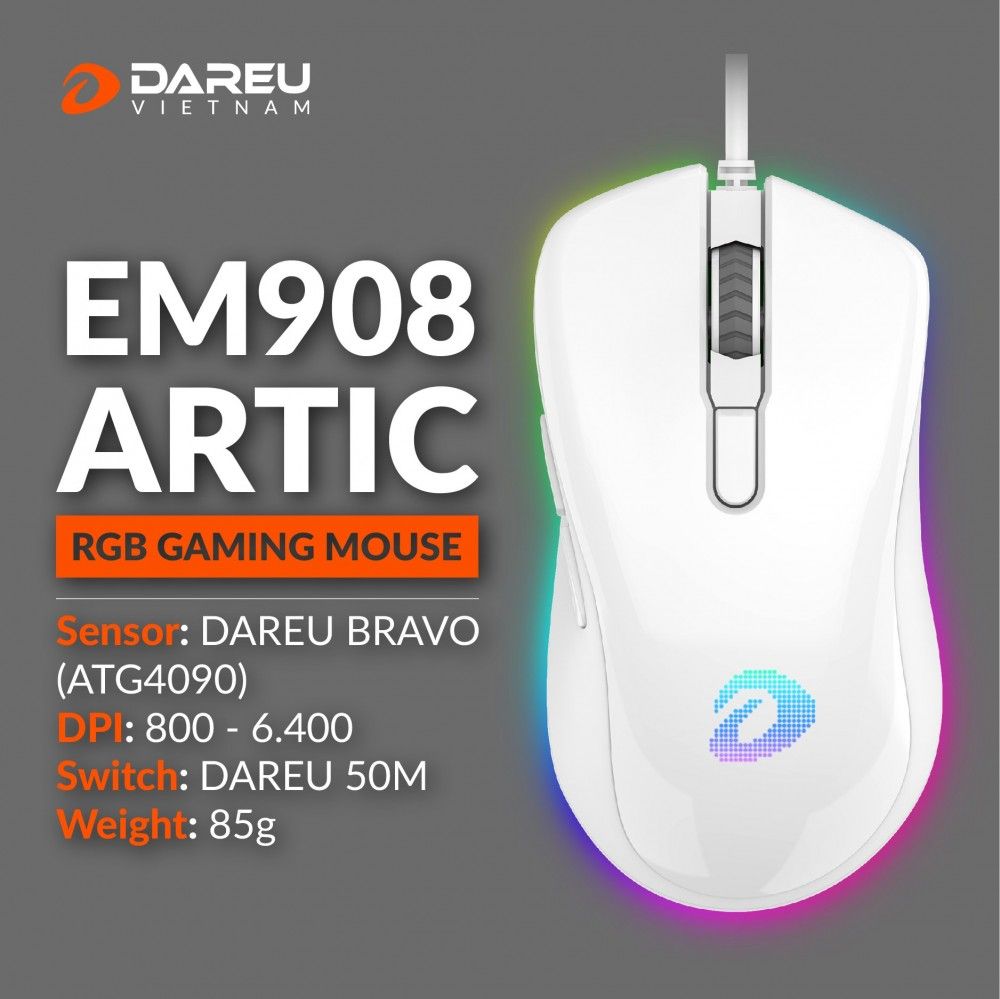  CHUỘT DAREU EM908 WHITE ( LED RGB / USB / MAX DPI 6000 ) 