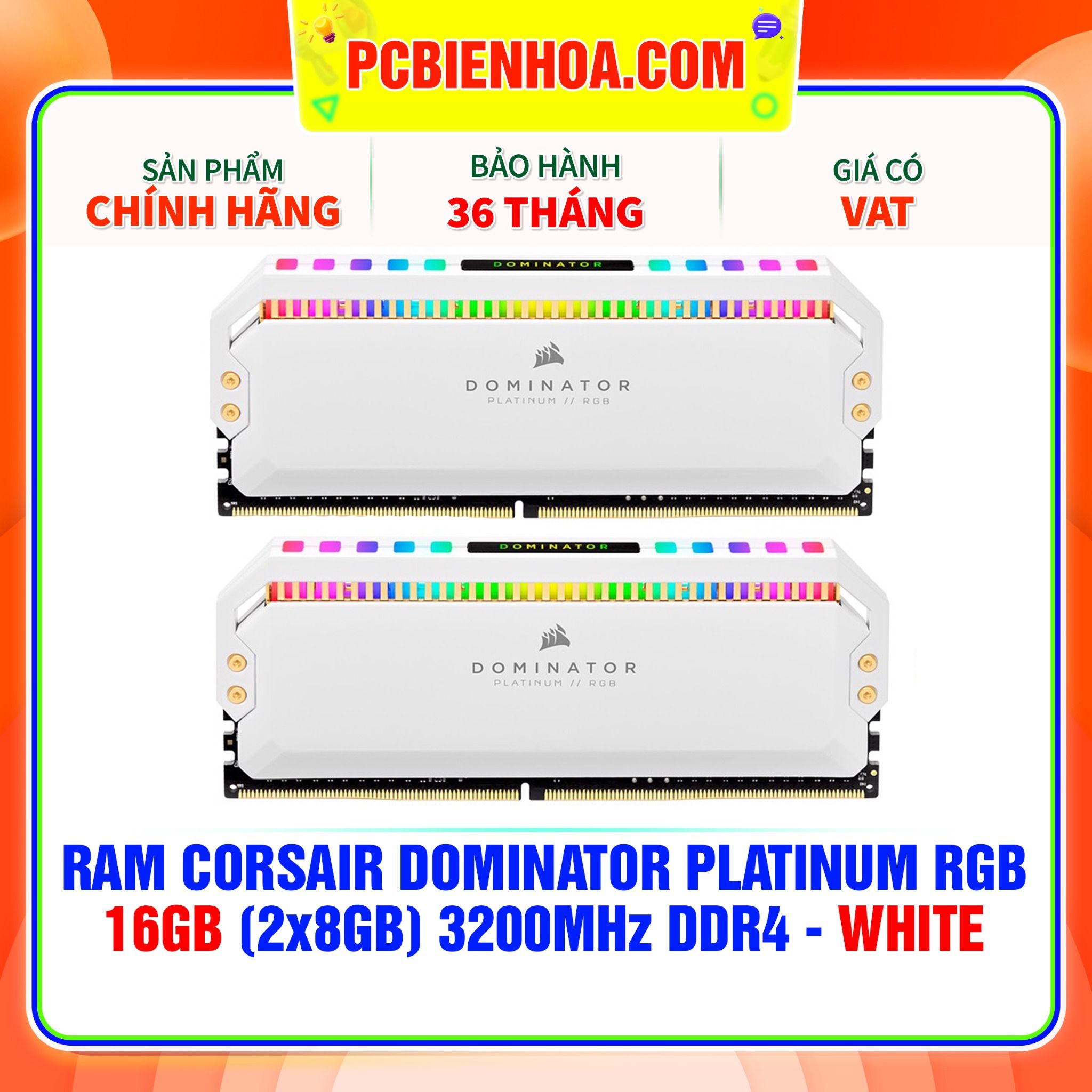  RAM CORSAIR DOMINATOR PLATINUM RGB 16GB (2x8GB) 3200MHz DDR4 - WHITE ( CMT16GX4M2C3200C16W ) 
