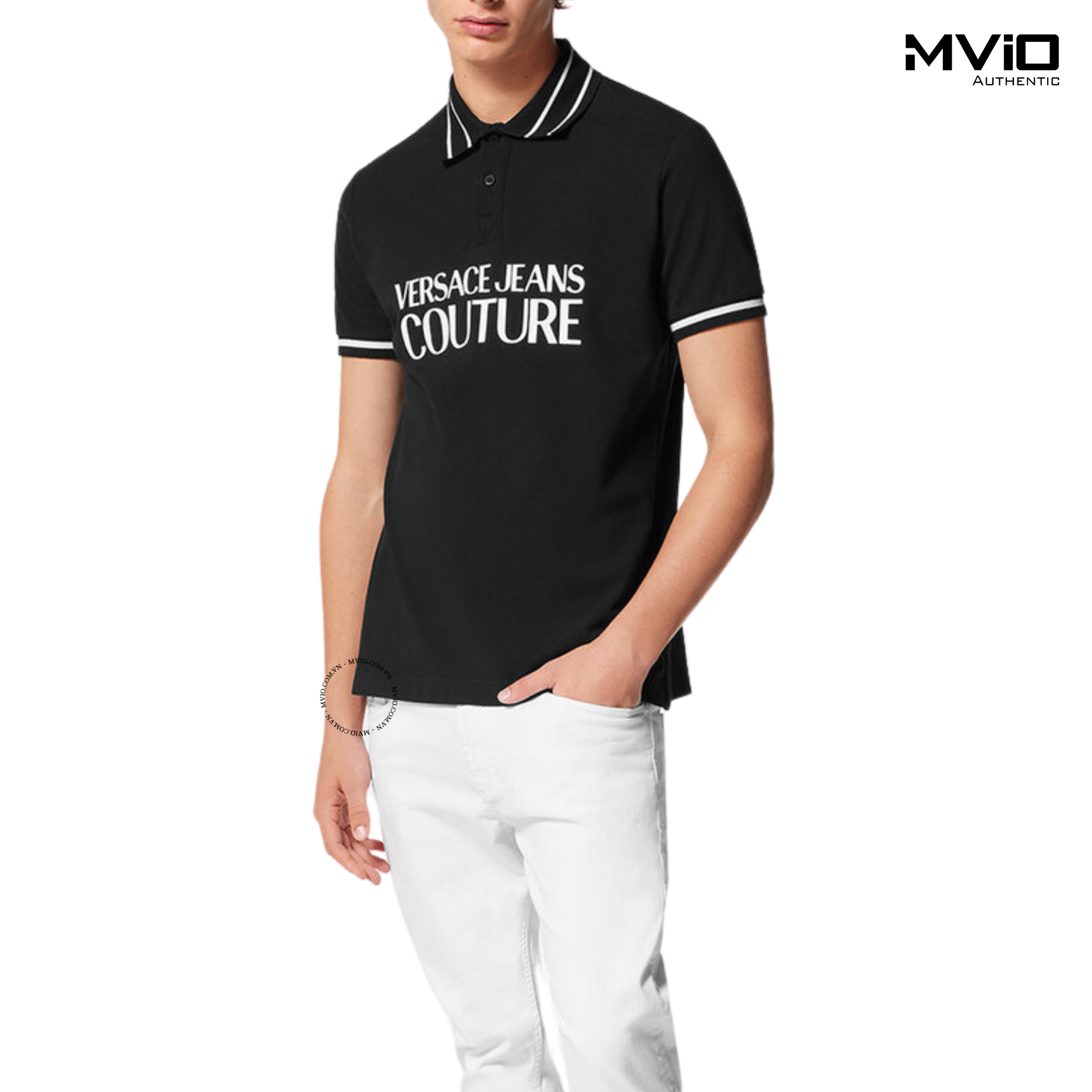  Polo Versace Couture Đen Cổ Viền Chữ Trắng Ngực 74GAGT03 