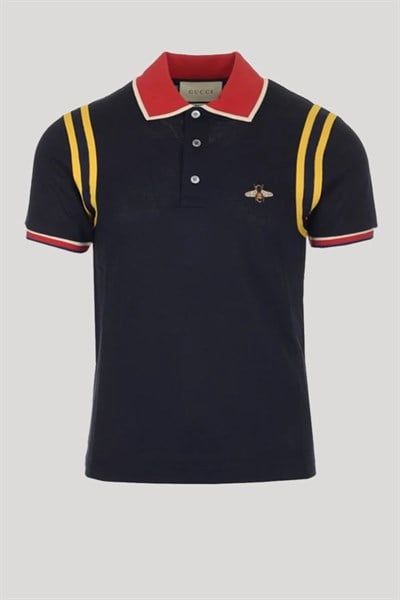  Polo Gucci Navy Viền Vai Vàng Cổ Đỏ Ong Thêu Mn4500971 