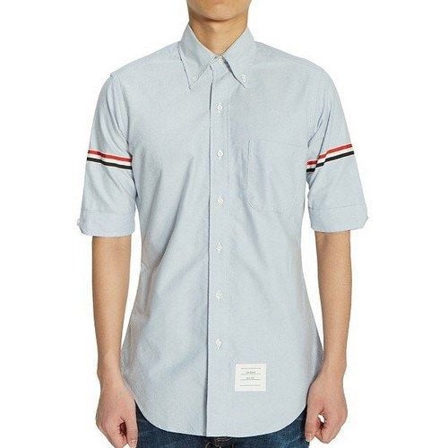  Sơ Mi Thom Browne Cộc Tay Xanh Nhạt Tay Viền 2 Bên MWS242 03113 480 