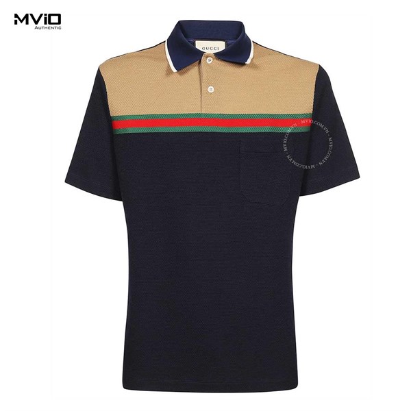 Polo Gucci Navy Ngực Nâu Vạt Ngang Viền Vai 725492 XJE8W