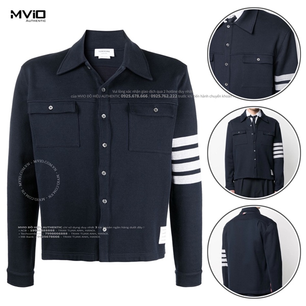 Khoác Thom Browne Navy Cổ Bẻ Túi Ngực Tay Viền Trắng MJT291A 07545 415