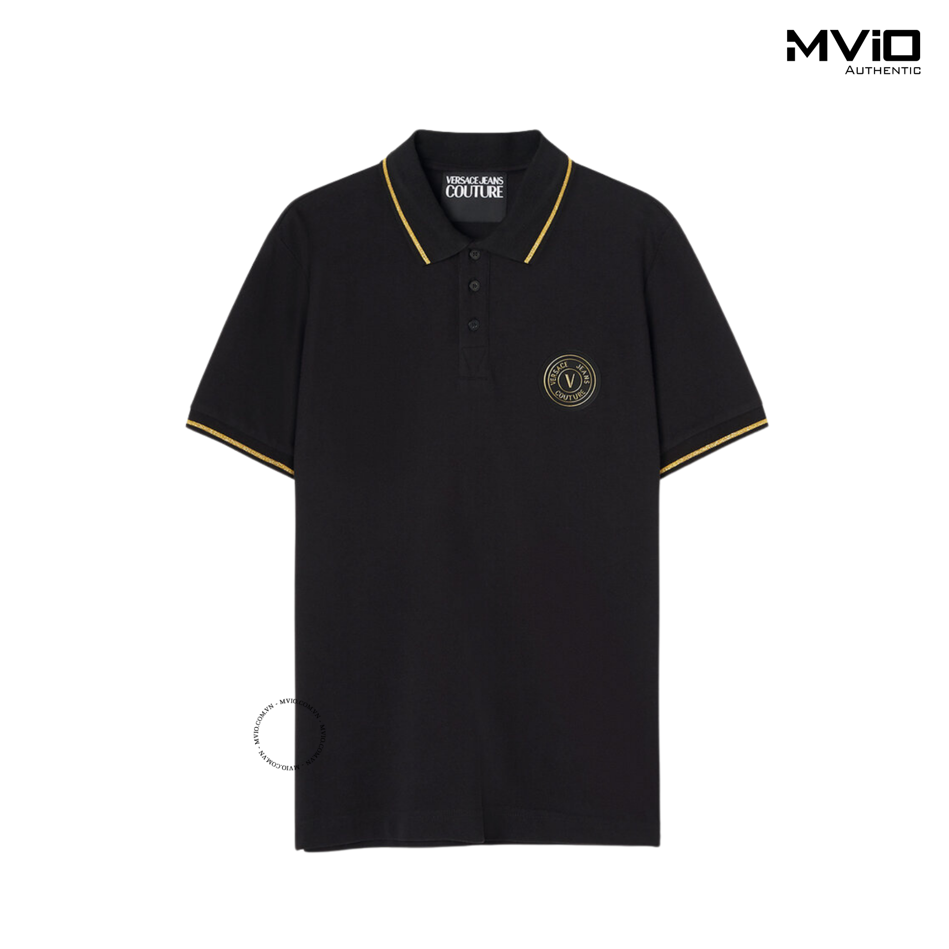  Polo Versace Đen Cổ Viền Vàng Logo Tròn Nhỏ 74GAGT08 