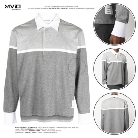  Polo Thom Browne Dài Tay Xám Mix Kẻ Trắng Ngang MJP115A 02212 