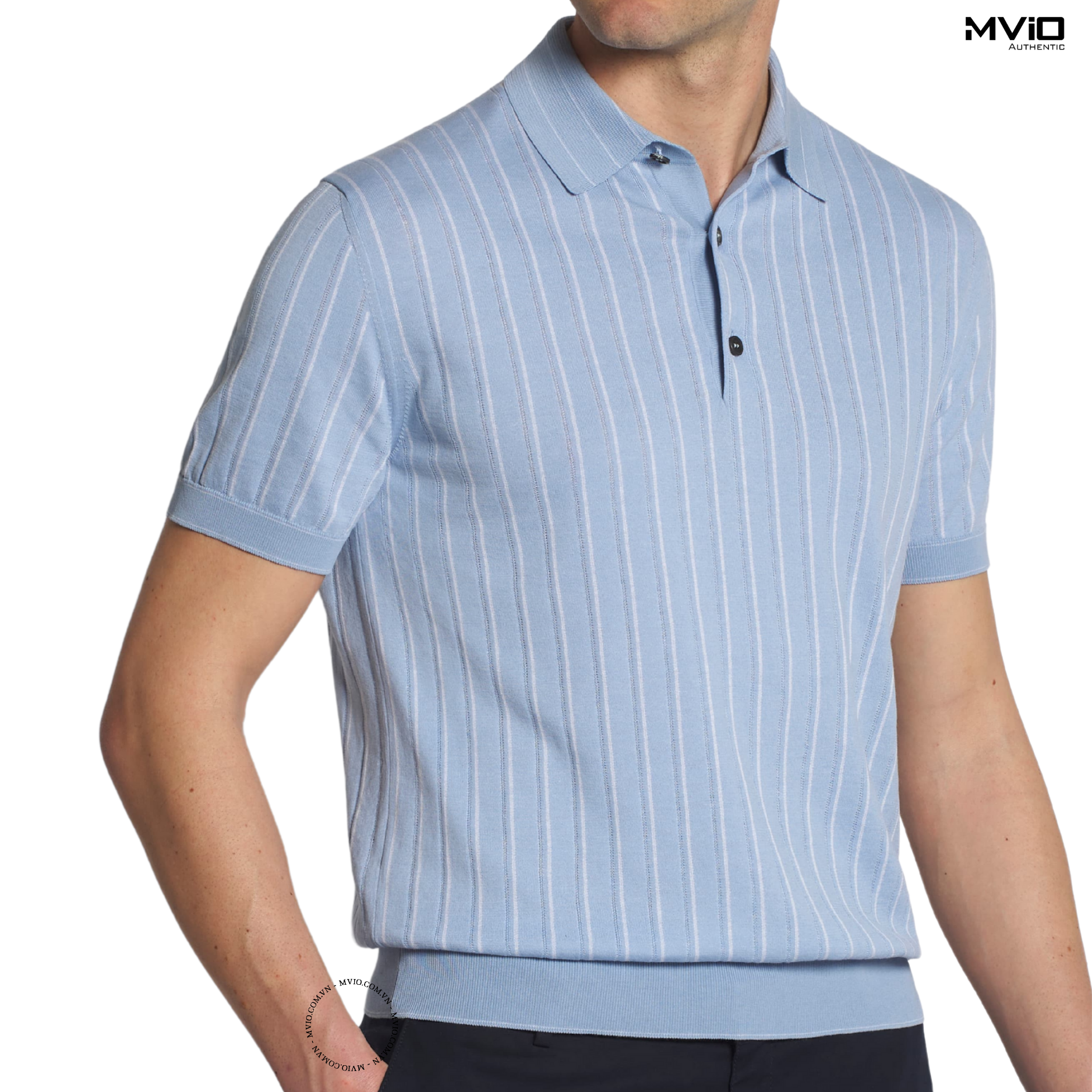  Polo Brioni Xanh Nhạt Kẻ Trắng Dệt Kim URM20OPCK 4990 