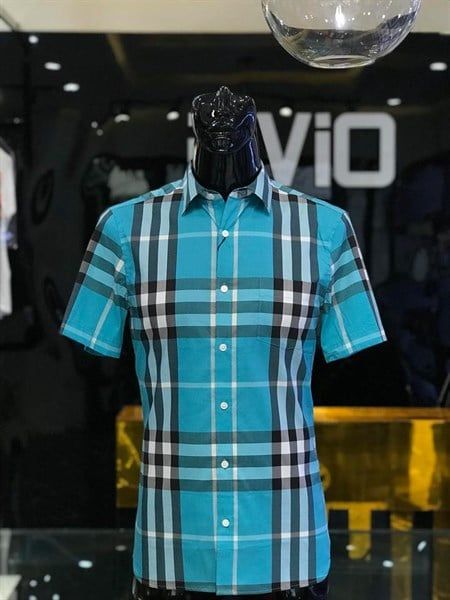  Sơ Mi Burberry Cộc Tay Kẻ Xanh Dương 
