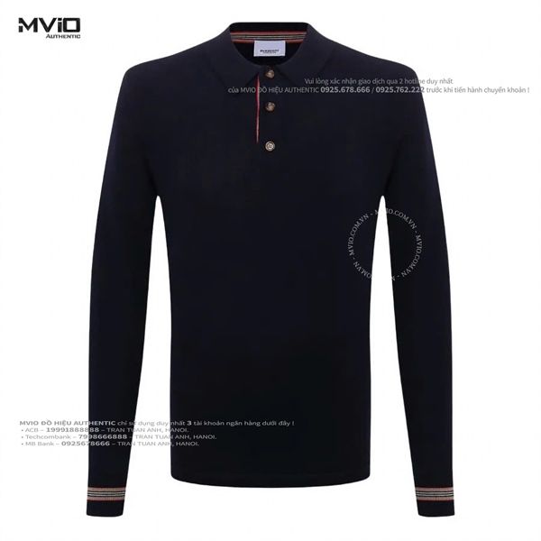  Polo Burberry Navy Dài Tay Viền Cổ Tay 8045520 