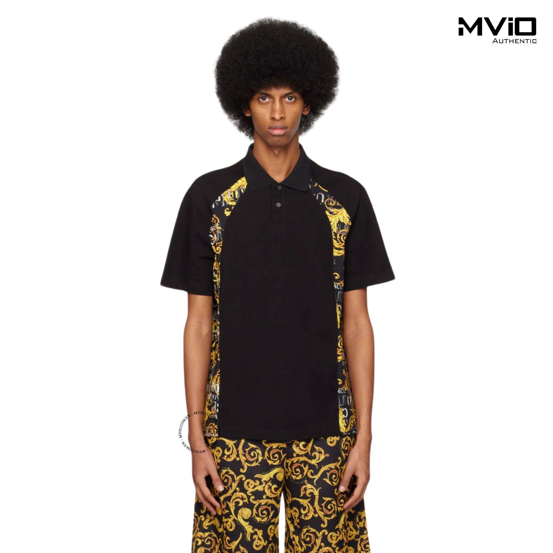  Polo Versace Đen Hoạ Tiết Vàng 2 Bên 74GAG627 