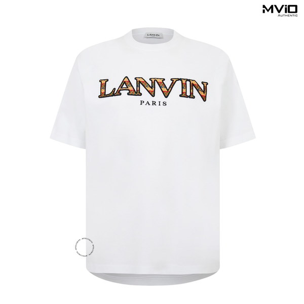  Phông Lanvin Trắng Chữ Nâu Thêu Ngực RMTS005J002 P23 