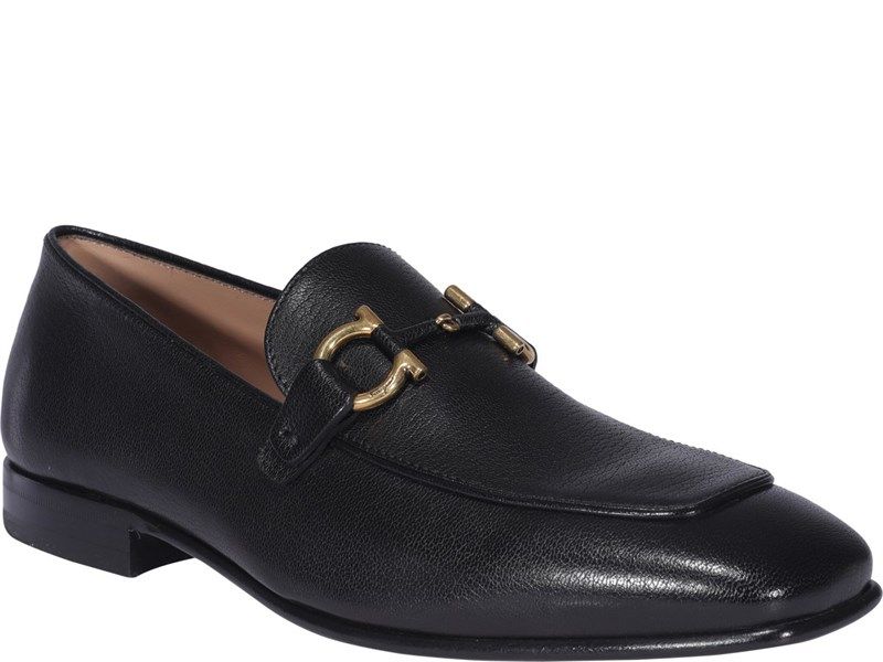  Loafer Salvatore Đen Da Sần Mũi Vuông Khoá Vàng Ln-Eee 