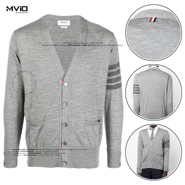 Khoác Cardigan Thom Browne Ghi Tay Viền Xám MKC002B Y1014 055