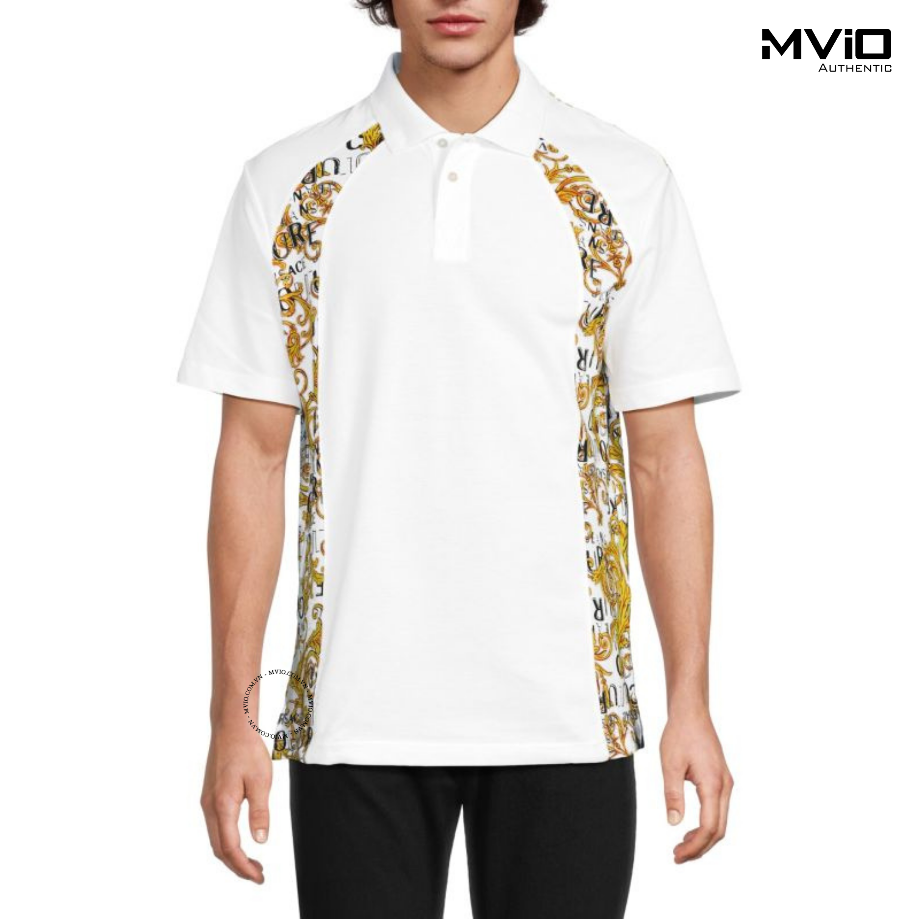  Polo Versace Trắng Hoạ Tiết Vàng 2 Bên 74GAG613 
