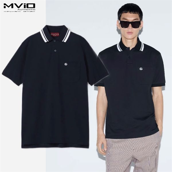  Polo Gucci Xanh Navy Cổ Viền Trắng Logo Ngực GG 795174 XJG16 