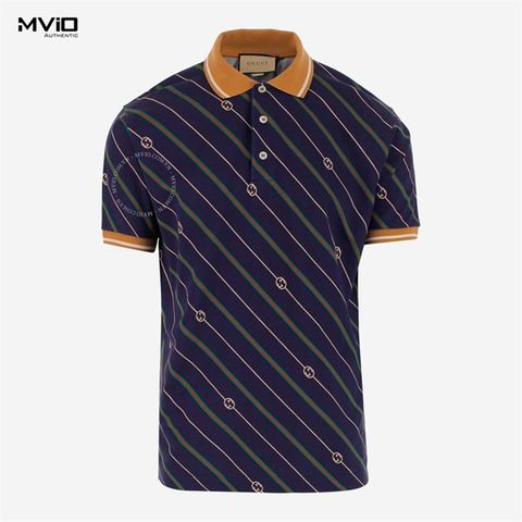  Polo Gucci Nâu Cổ Xanh Navy Kẻ Chéo Mono GG 717391 XJEWI4672 