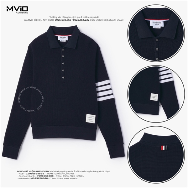 Polo Thom Browne Dài Tay Navy Viền Trắng