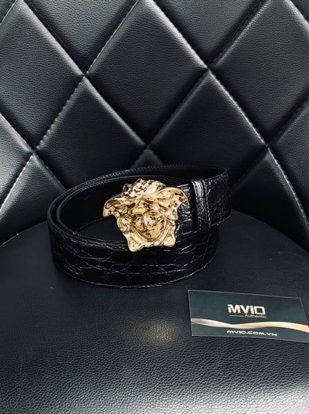  Belt Versace Đen Da Cá Sấu Mặt Medusa Vàng 