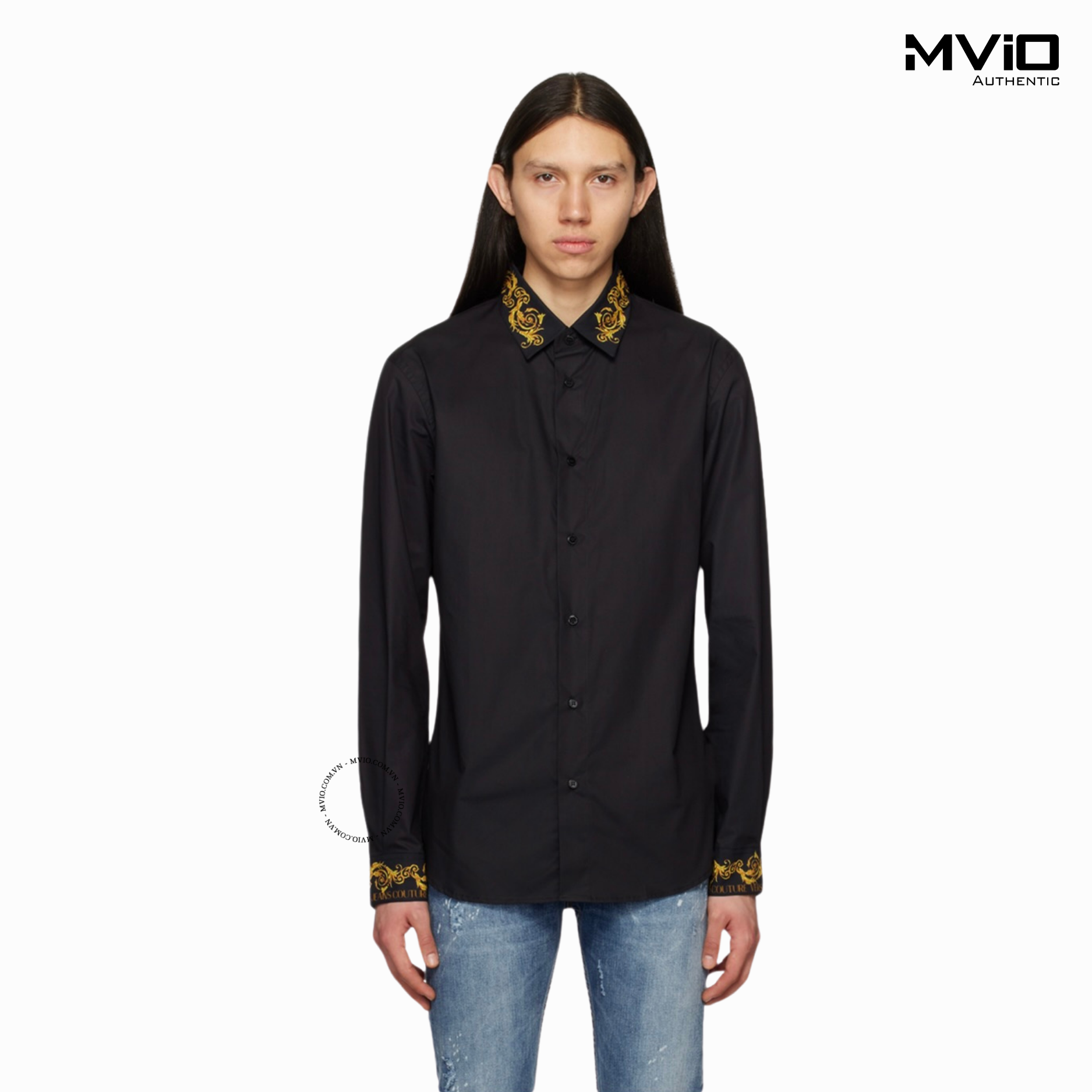  Sơ Mi Versace Đen Dài Tay Cổ Viền Hoạ Tiết Vàng 74GAL2S1 