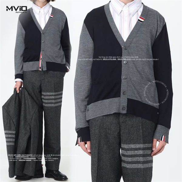  Khoác Cardigan Thom Browne Xám Mix Đen MKC489F-Y1014 