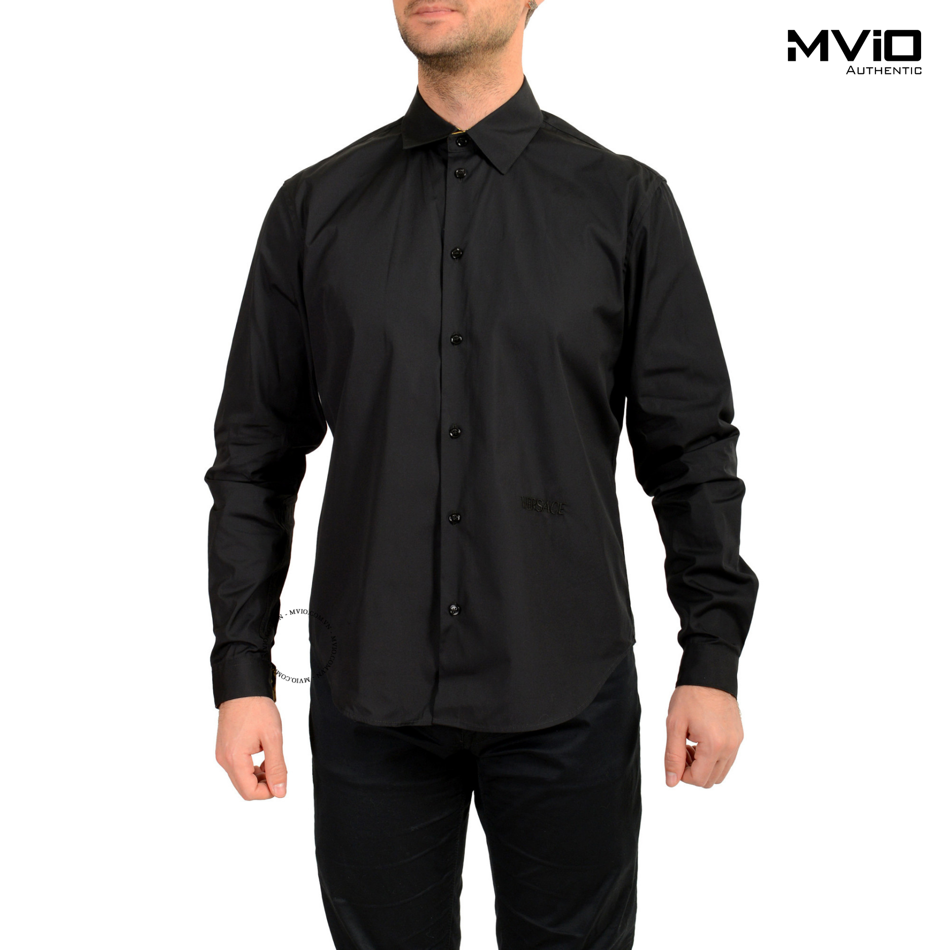  Sơ Mi Versace Đen Dài Tay Viền Cổ & Tay Hoạ Tiết 1014376 1A10591 