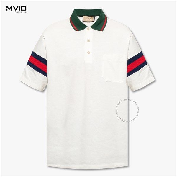 Polo Gucci Trắng Cổ Xanh Tay Viền 713997 XJETR – MVIO Polo Gucci Trắng Cổ Xanh Tay Viền 713997 XJETR – MVIO