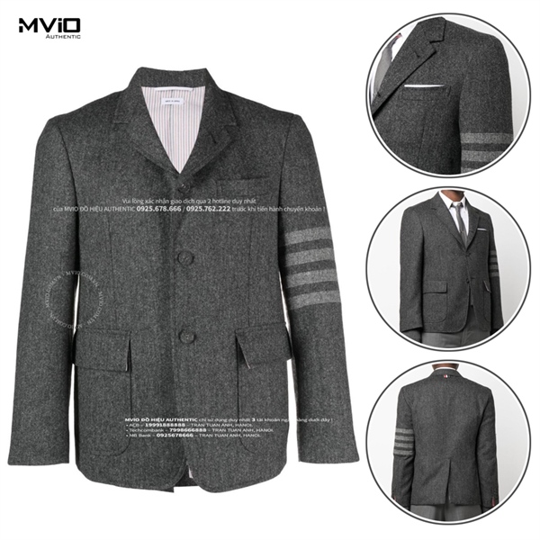 Blazer Thom Browne Ghi Dạ Tay Viền Trắng MJU560A 05385 025