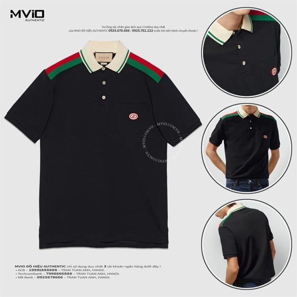  Polo Gucci Đen Vai Viền Cờ Xanh Đỏ ‎737656 XJF4V1043 