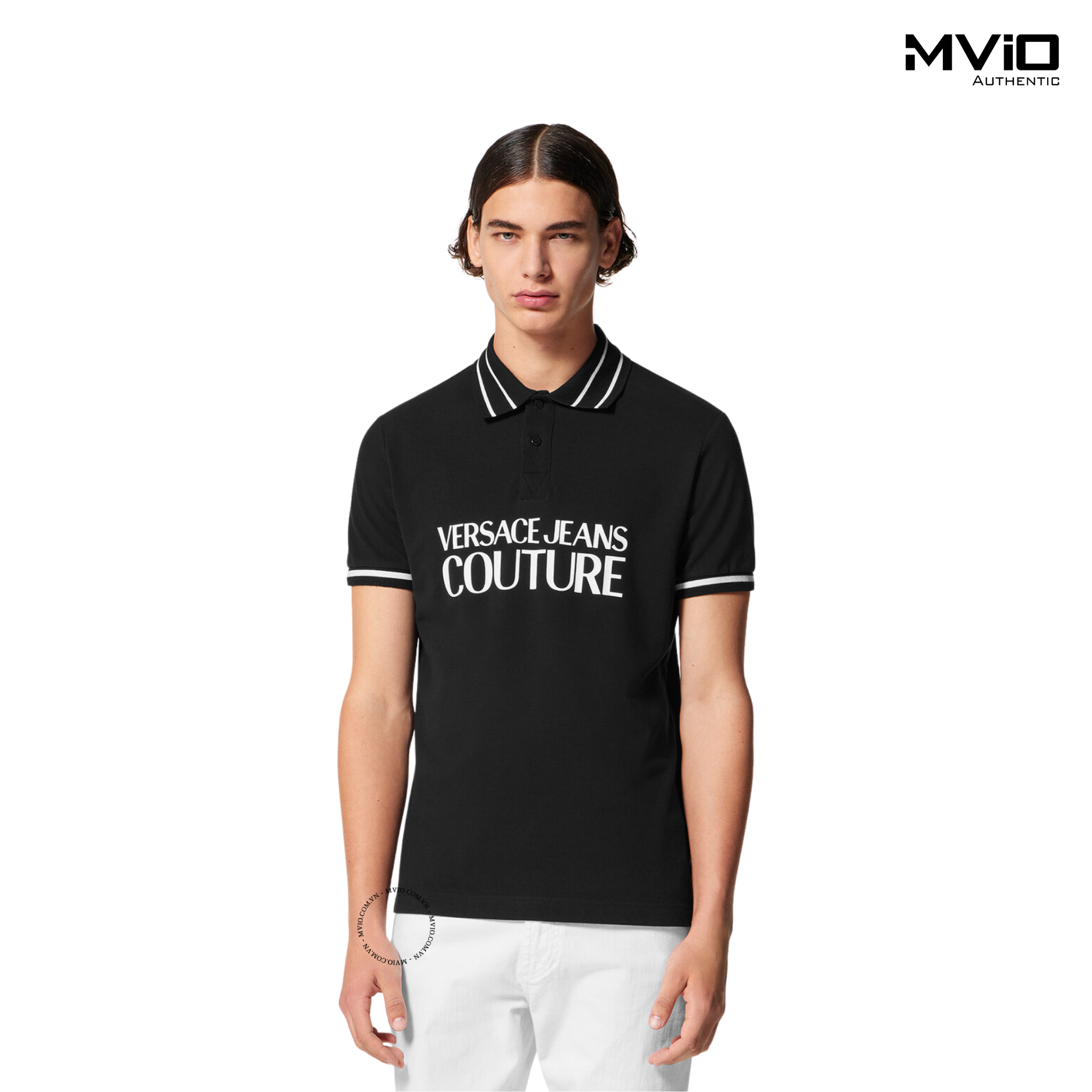  Polo Versace Couture Đen Cổ Viền Chữ Trắng Ngực 74GAGT03 