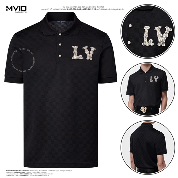 Polo Louis Vuitton Đen Vân Damier Chìm Logo LV Cườm Đá 1AFJEJ