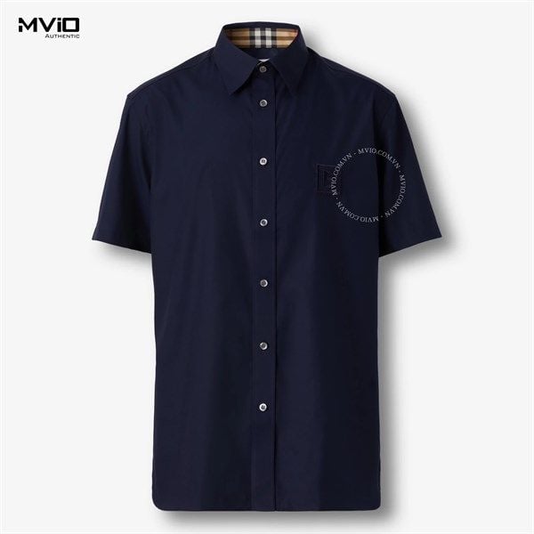  Sơ Mi Burberry Navy Cộc Tay Check Cổ Logo B Thêu Ngực 8061862 