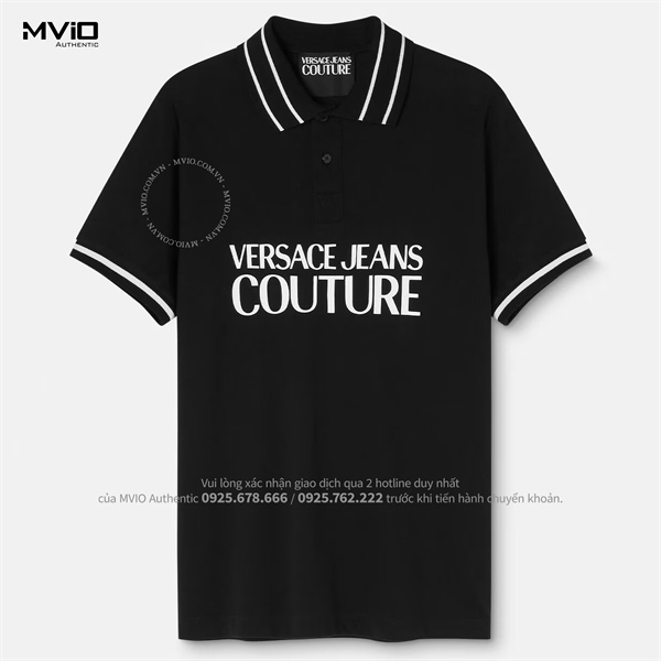 Polo Versace Couture Đen Cổ Viền Chữ Trắng Ngực 74GAGT03