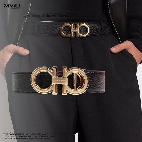  Belt Salvatore Khoá Gold Lồng Da Bê Sần Đen Vàng Bò 77650 016 