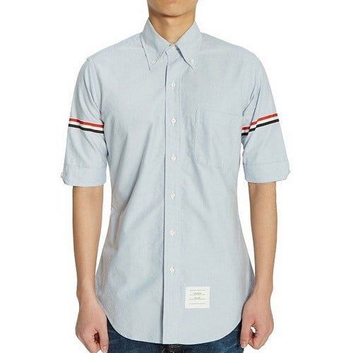  Sơ Mi Thom Browne Cộc Tay Xanh Nhạt Tay Viền 2 Bên MWS242 03113 480 